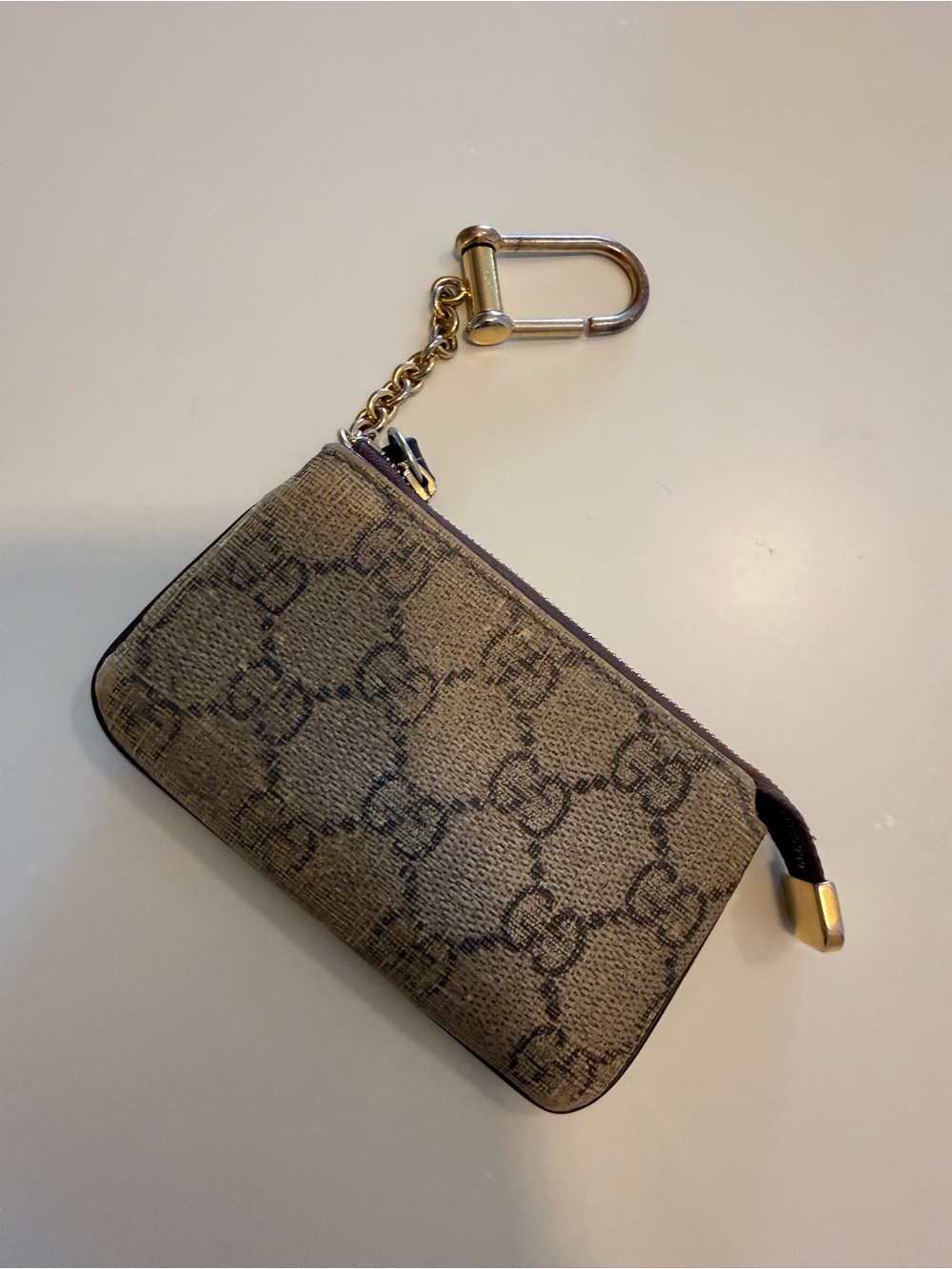 Gucci Beige/Brown GG Monogram Key Pouch with Gold Hardware